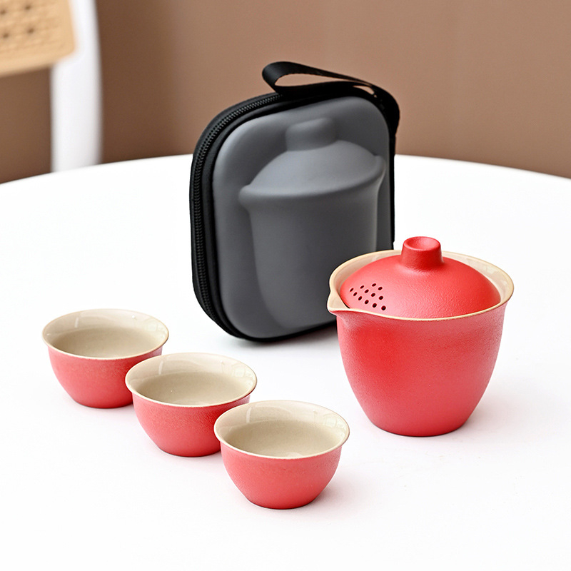 Set de ceai de călătorie din ceramică, cu o oală și trei cești, pentru ceai Kung Fu în aer liber
