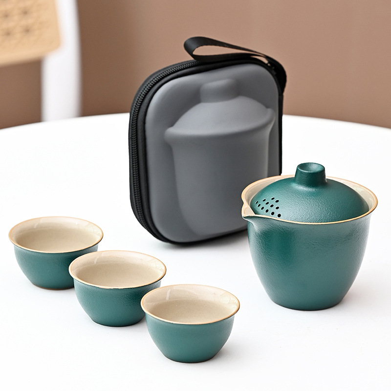 Set de ceai de călătorie din ceramică, cu o oală și trei cești, pentru ceai Kung Fu în aer liber