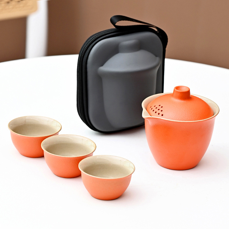 Set de ceai de călătorie din ceramică, cu o oală și trei cești, pentru ceai Kung Fu în aer liber