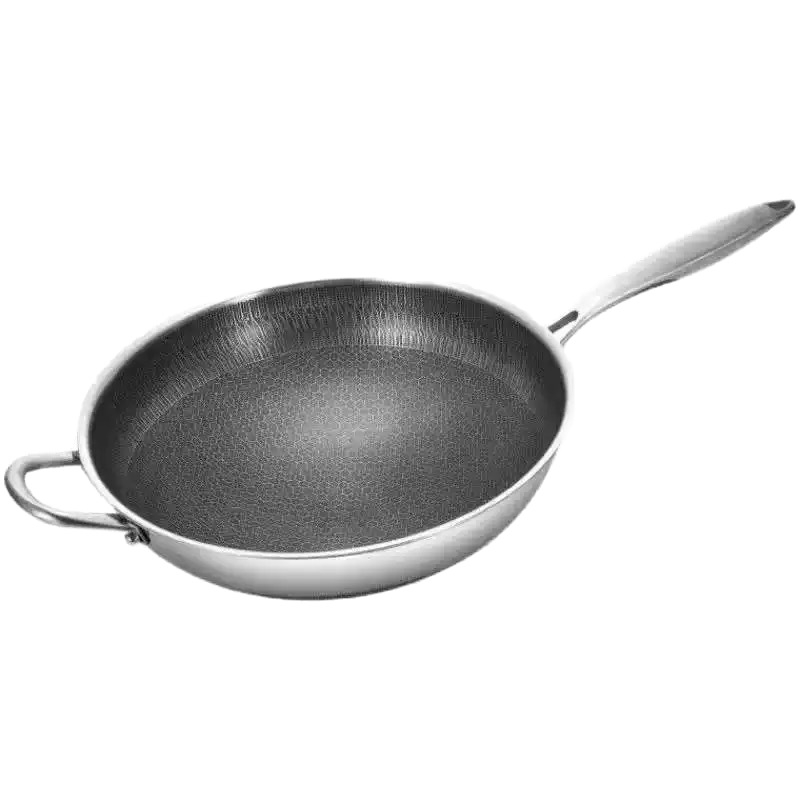 Wok din oțel inoxidabil gros cu fund fagure, antiaderent, compatibil cu inducția, multifuncțional