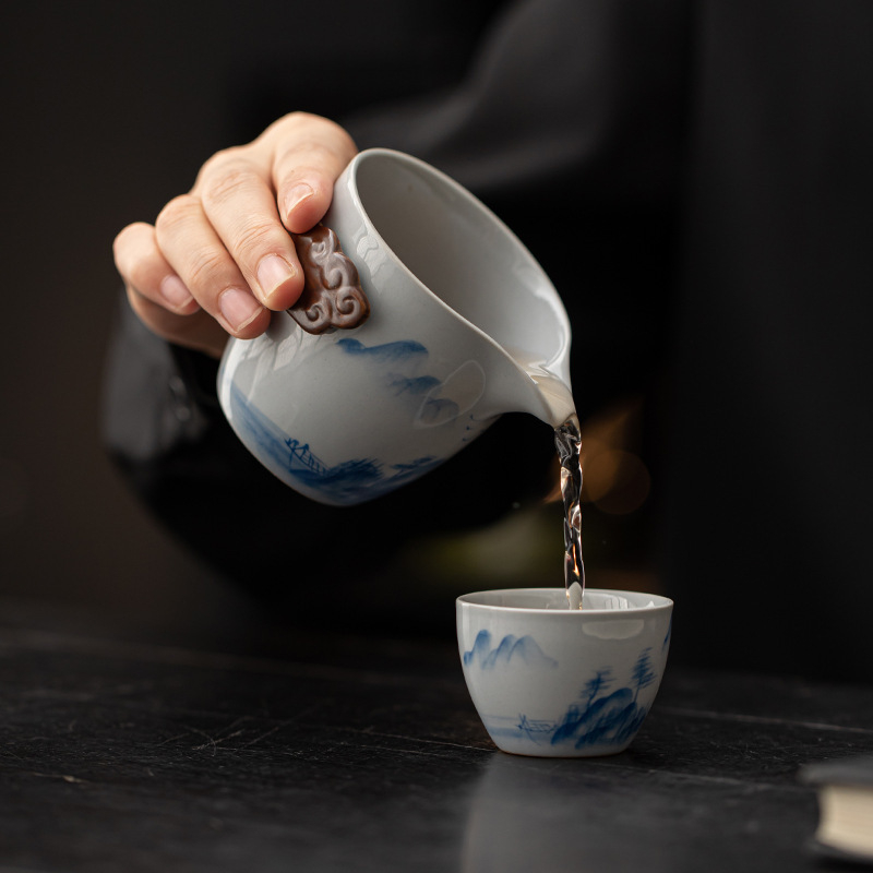 Set de ceai ceramic pentru călătorii, în stil chinezesc nou, pictat manual, pentru camping în aer liber și mașină — un ceainic și două cești, portabil