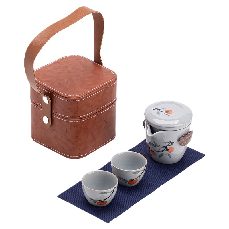 Set de ceai ceramic pentru călătorii, în stil chinezesc nou, pictat manual, pentru camping în aer liber și mașină — un ceainic și două cești, portabil
