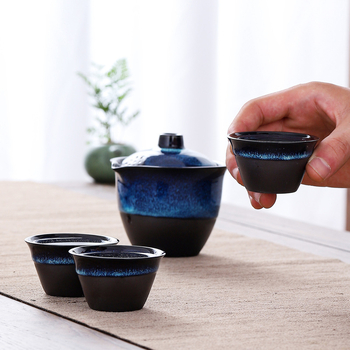 Set de ceai pentru călătorii, ceramic, ceainic portabil și 3 cești