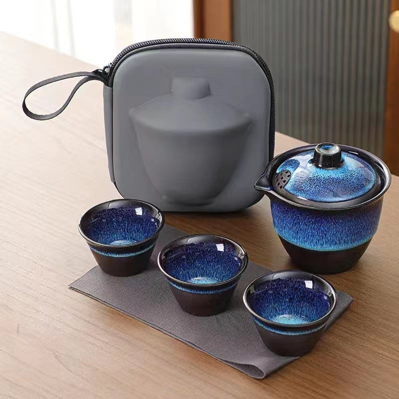 Set de ceai pentru călătorii, ceramic, ceainic portabil și 3 cești