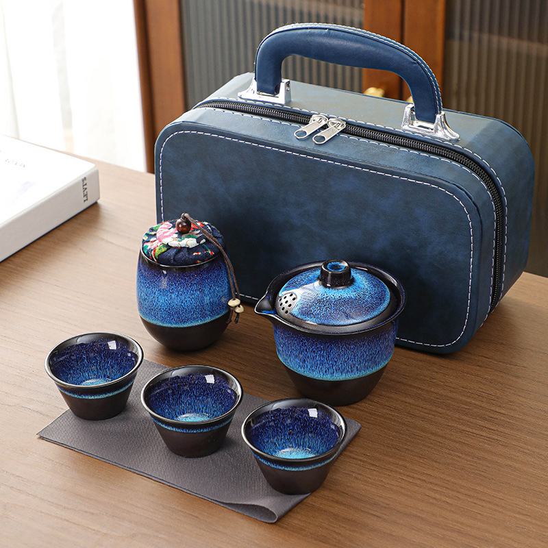 Set de ceai pentru călătorii, ceramic, ceainic portabil și 3 cești