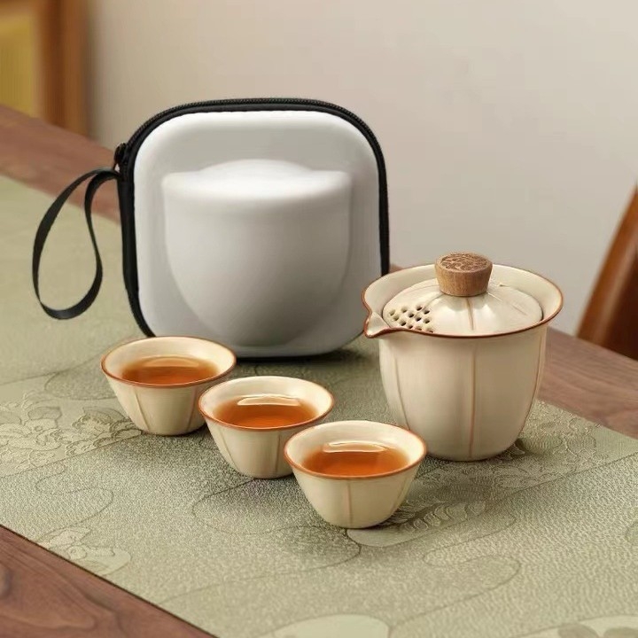 Set Gongfu de ceai pentru călătorii – 1 ceainic și 3 cești, set ceramic portabil, cadouri pentru firme