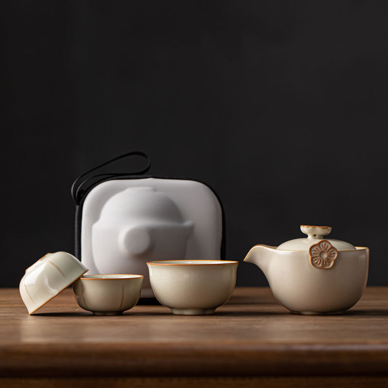 Set Gongfu de ceai pentru călătorii – 1 ceainic și 3 cești, set ceramic portabil, cadouri pentru firme