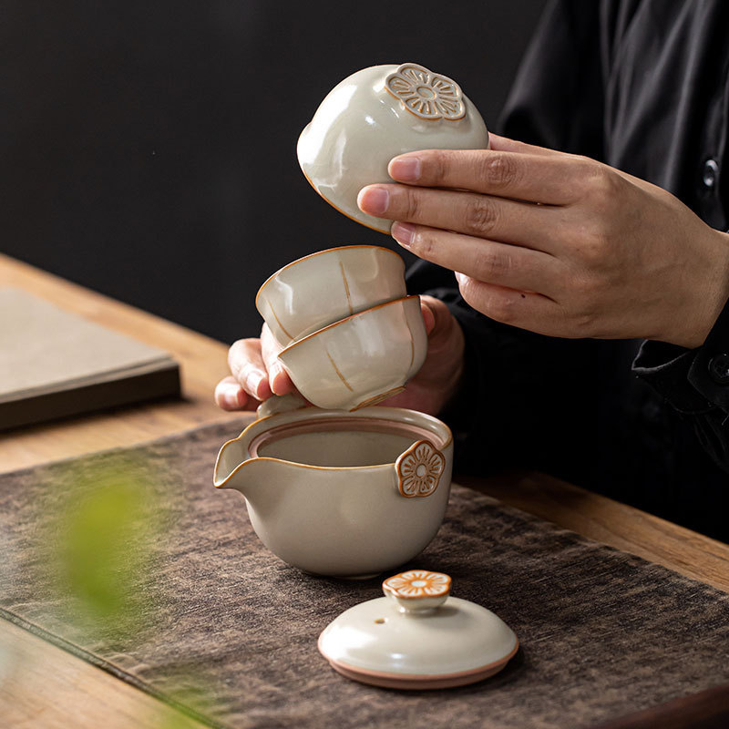 Set Gongfu de ceai pentru călătorii – 1 ceainic și 3 cești, set ceramic portabil, cadouri pentru firme