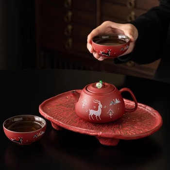 Set ceai Dunhuang cultural și creativ, cu motiv de cerb, 1 ceainic și 2 cești în cutie cadou