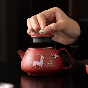 Set ceai Dunhuang cultural și creativ, cu motiv de cerb, 1 ceainic și 2 cești în cutie cadou