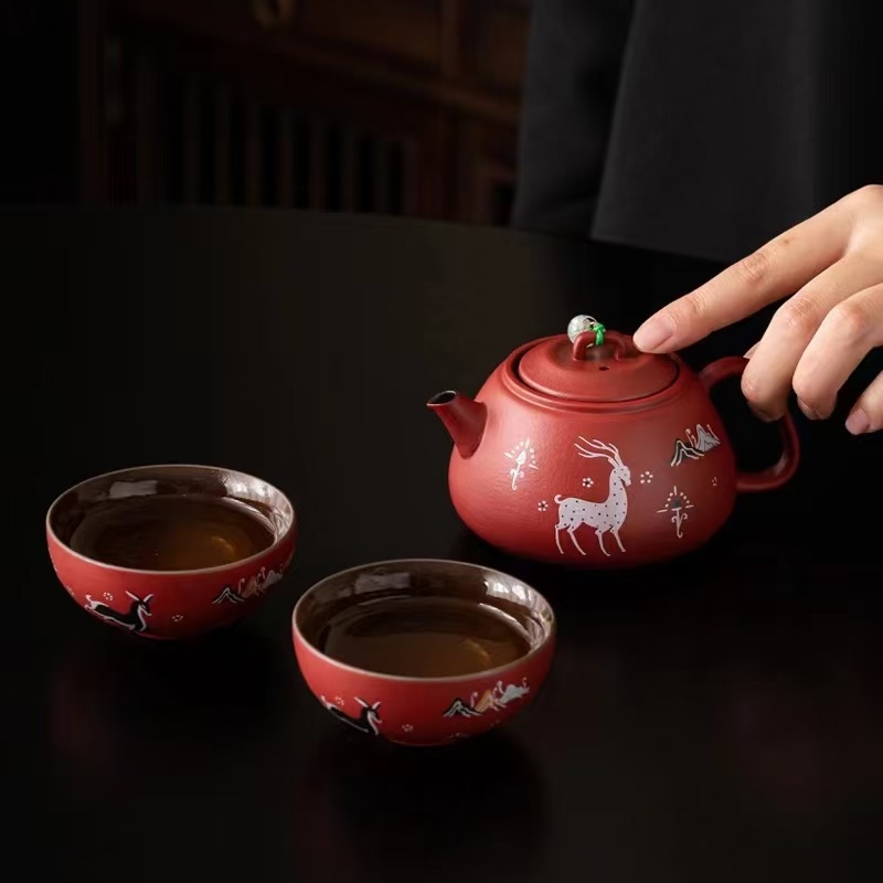 Set ceai Dunhuang cultural și creativ, cu motiv de cerb, 1 ceainic și 2 cești în cutie cadou
