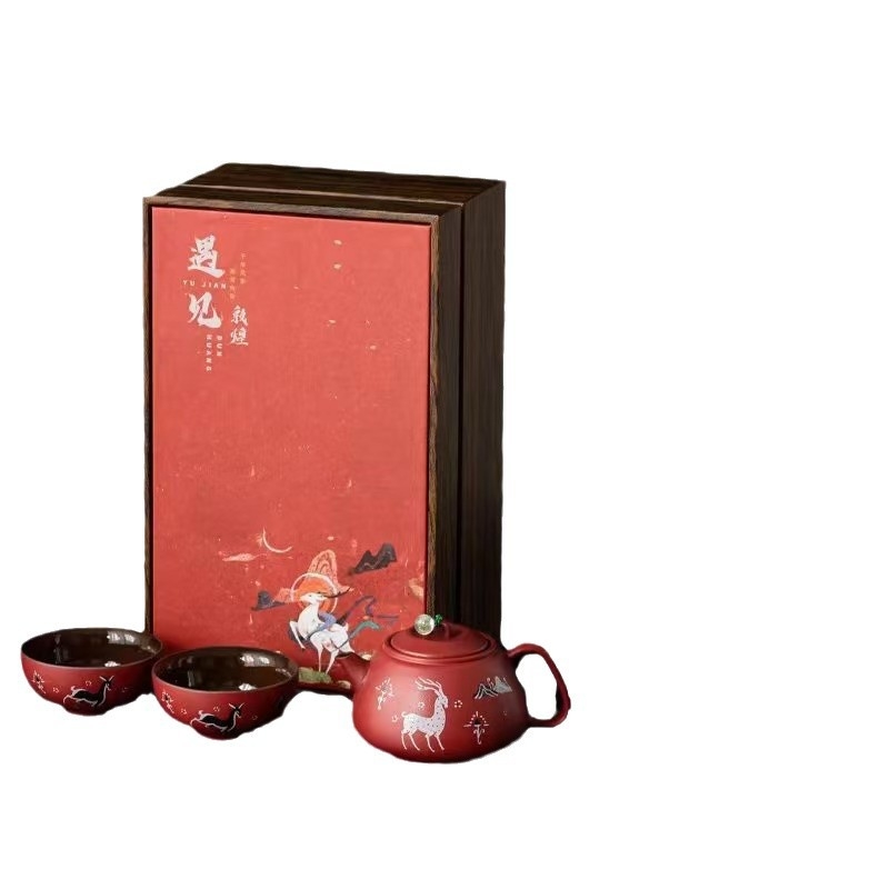 Set ceai Dunhuang cultural și creativ, cu motiv de cerb, 1 ceainic și 2 cești în cutie cadou