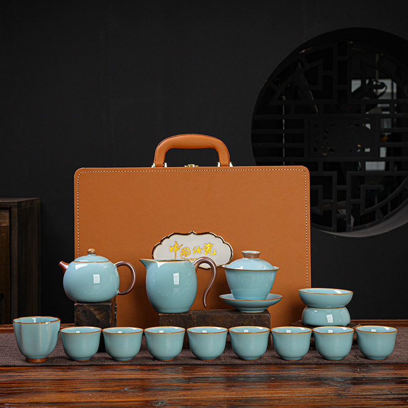 Set ceai Gongfu din porțelan bej, set complet pentru casă și birou, ceainic și cești pentru 7–9 persoane
