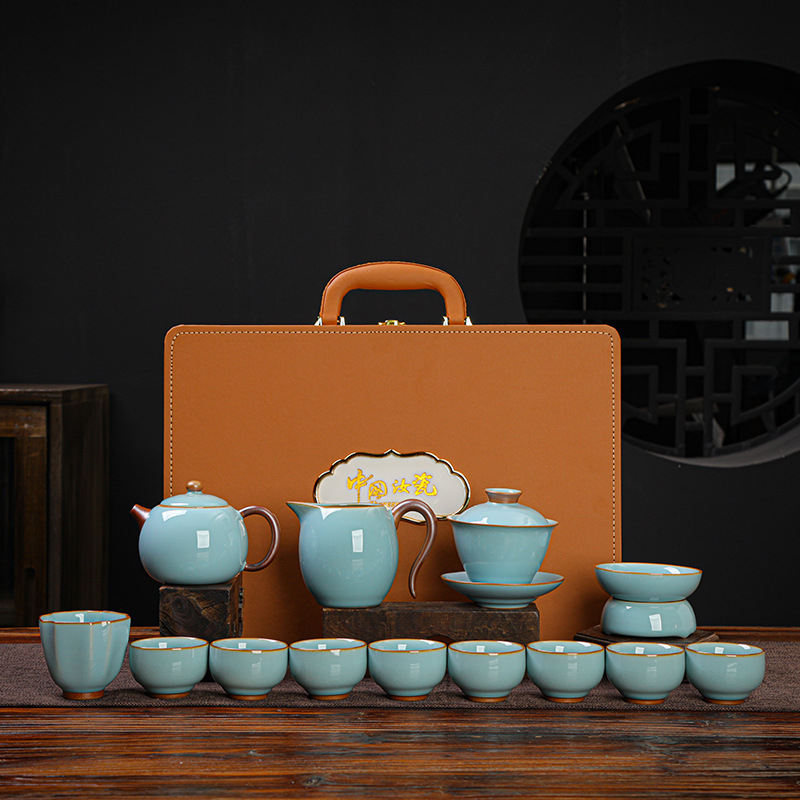 Set ceai Gongfu din porțelan bej, set complet pentru casă și birou, ceainic și cești pentru 7–9 persoane