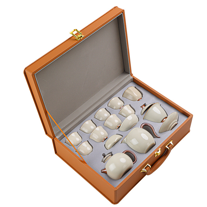 Set ceai Gongfu din porțelan bej, set complet pentru casă și birou, ceainic și cești pentru 7–9 persoane