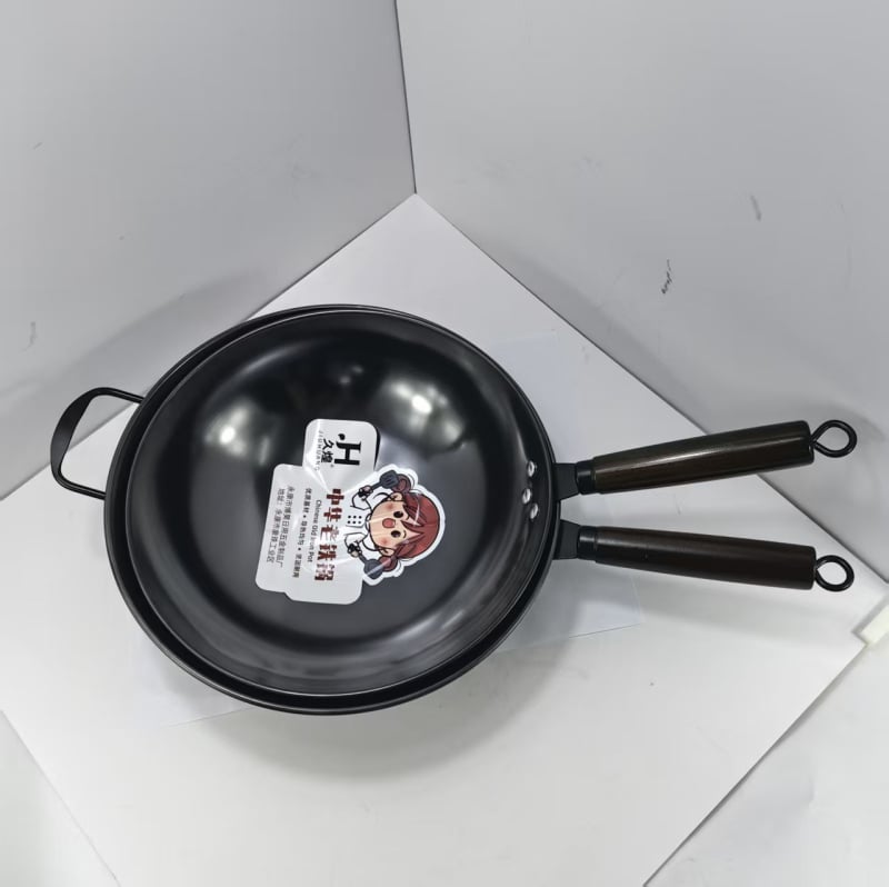 Jiu Huang wok din fontă cu fund rotund, mâner unic, fără strat, antiaderent pentru gătit casnic