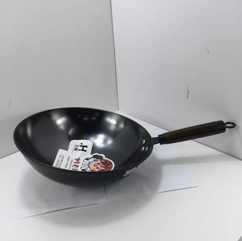 Jiu Huang wok din fontă cu fund rotund, mâner unic, fără strat, antiaderent pentru gătit casnic