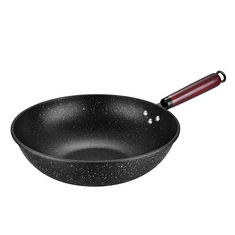 Wok din fontă cu fund plat și mâner din lemn, strat antiaderent Maifan stone, compatibil cu plitele cu inducție