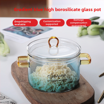 Oală din sticlă borosilicat albastru gradient cu mâner dublu, pentru supă, pe plită ceramică, capacitate 1.1–2 L