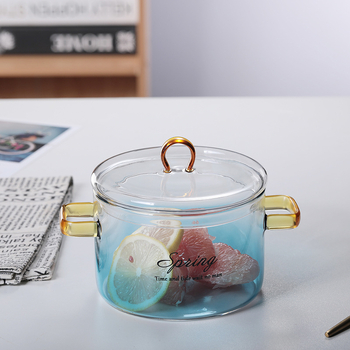 Oală din sticlă borosilicat albastru gradient cu mâner dublu, pentru supă, pe plită ceramică, capacitate 1.1–2 L