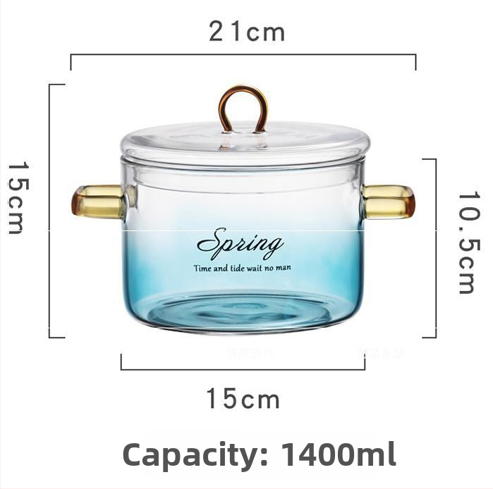 Oală din sticlă borosilicat albastru gradient cu mâner dublu, pentru supă, pe plită ceramică, capacitate 1.1–2 L