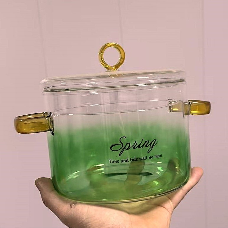 Oală din sticlă borosilicat albastru gradient cu mâner dublu, pentru supă, pe plită ceramică, capacitate 1.1–2 L