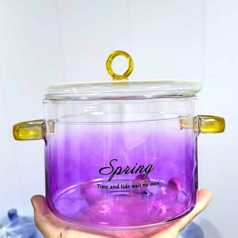 Oală din sticlă borosilicat albastru gradient cu mâner dublu, pentru supă, pe plită ceramică, capacitate 1.1–2 L