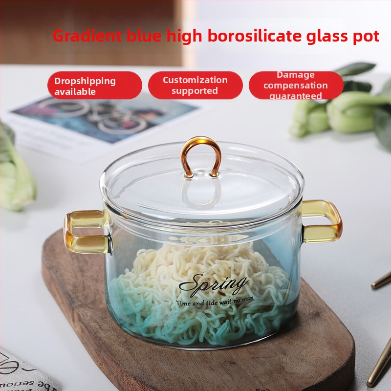 Oală din sticlă borosilicat albastru gradient cu mâner dublu, pentru supă, pe plită ceramică, capacitate 1.1–2 L