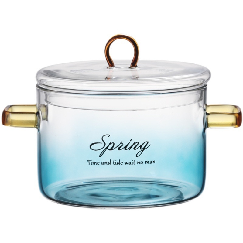 Oală din sticlă borosilicat albastru gradient cu mâner dublu, pentru supă, pe plită ceramică, capacitate 1.1–2 L