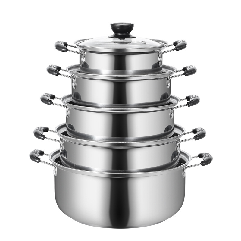 Set de cinci oale pentru supă din oțel inoxidabil, dimensiuni 16/18/20/22/24 cm, fund simplu