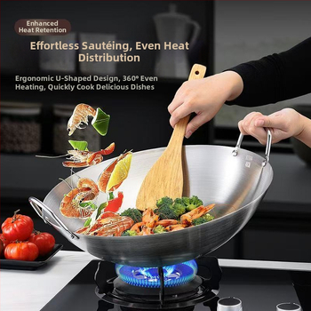 Wok din oțel inoxidabil cu mâner dublu, fund rotund, oală profesională extra-large pentru bucătării comerciale, compatibilă cu aragaz pe gaz
