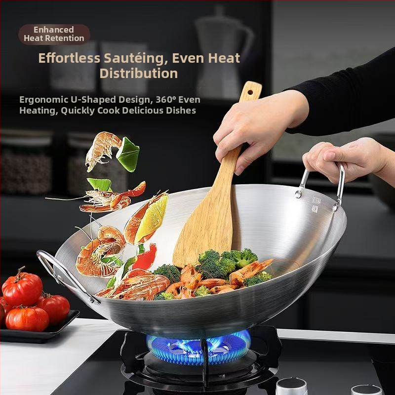 Wok din oțel inoxidabil cu mâner dublu, fund rotund, oală profesională extra-large pentru bucătării comerciale, compatibilă cu aragaz pe gaz