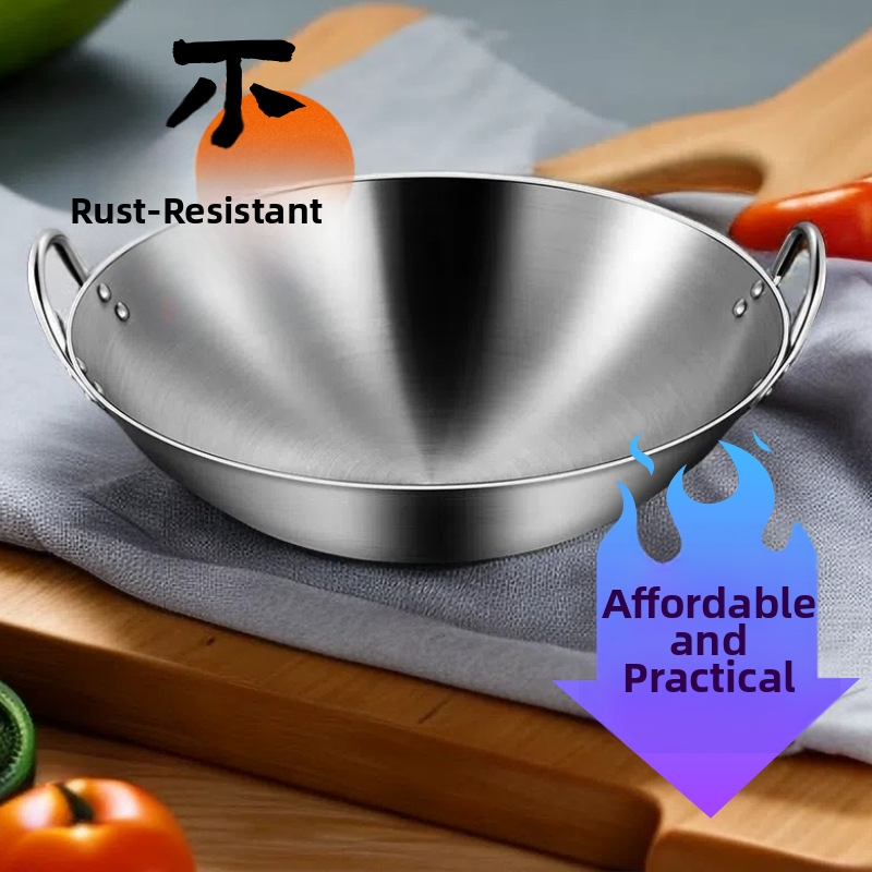 Wok din oțel inoxidabil cu mâner dublu, fund rotund, oală profesională extra-large pentru bucătării comerciale, compatibilă cu aragaz pe gaz