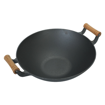 Wok din fontă fără strat, cu două mânere și fund îngroșat, potrivit pentru plite cu inducție și gaze, wok tradițional cu fund plat, antiaderent pentru uz casnic.