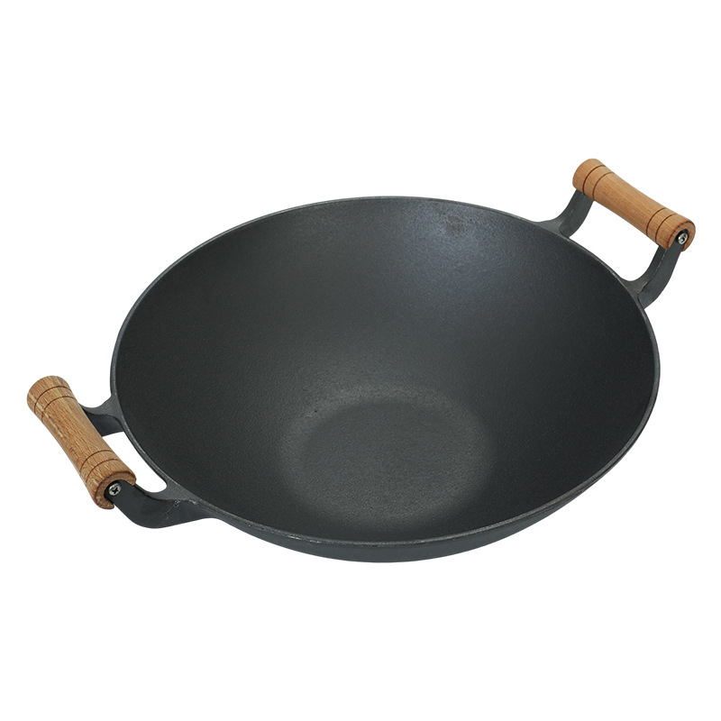 Wok din fontă fără strat, cu două mânere și fund îngroșat, potrivit pentru plite cu inducție și gaze, wok tradițional cu fund plat, antiaderent pentru uz casnic.