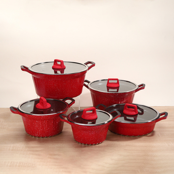 Set de 5 vase pentru supă, cu strat antiaderent, din aluminiu cu piatră Maifan, capac de sticlă