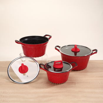 Set de 5 vase pentru supă, cu strat antiaderent, din aluminiu cu piatră Maifan, capac de sticlă