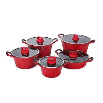 Set de 5 vase pentru supă, cu strat antiaderent, din aluminiu cu piatră Maifan, capac de sticlă