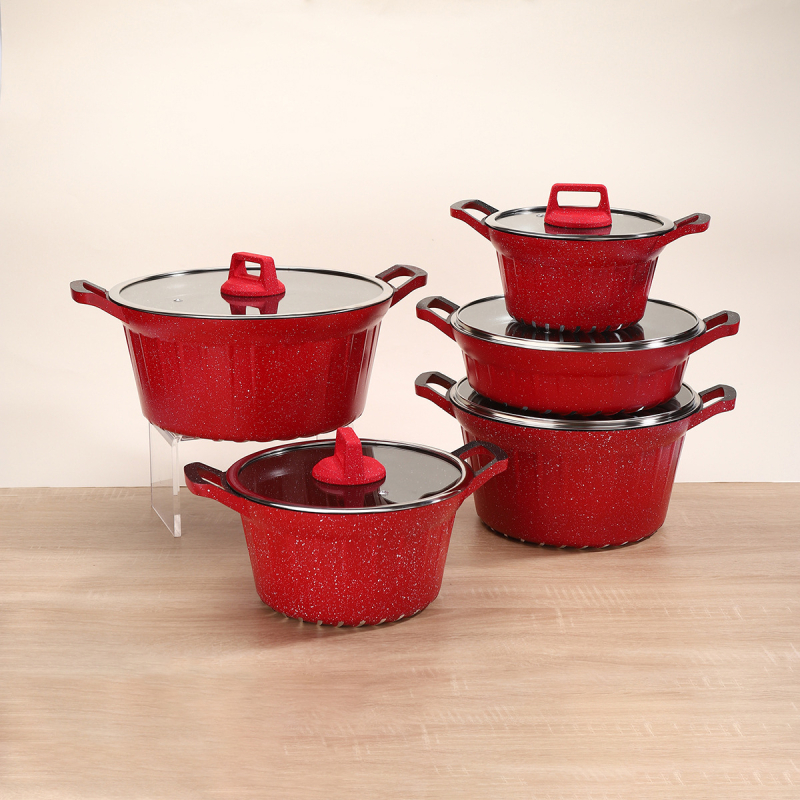 Set de 5 vase pentru supă, cu strat antiaderent, din aluminiu cu piatră Maifan, capac de sticlă