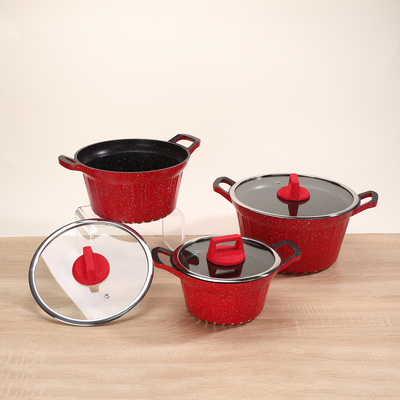 Set de 5 vase pentru supă, cu strat antiaderent, din aluminiu cu piatră Maifan, capac de sticlă