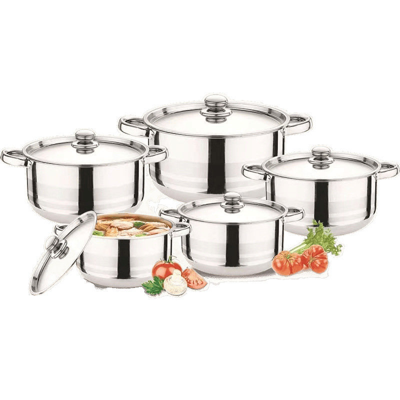 Set de 10 vase din oțel inoxidabil cu mânere aurii, 18–26 cm, oale de supă cu două mâneri