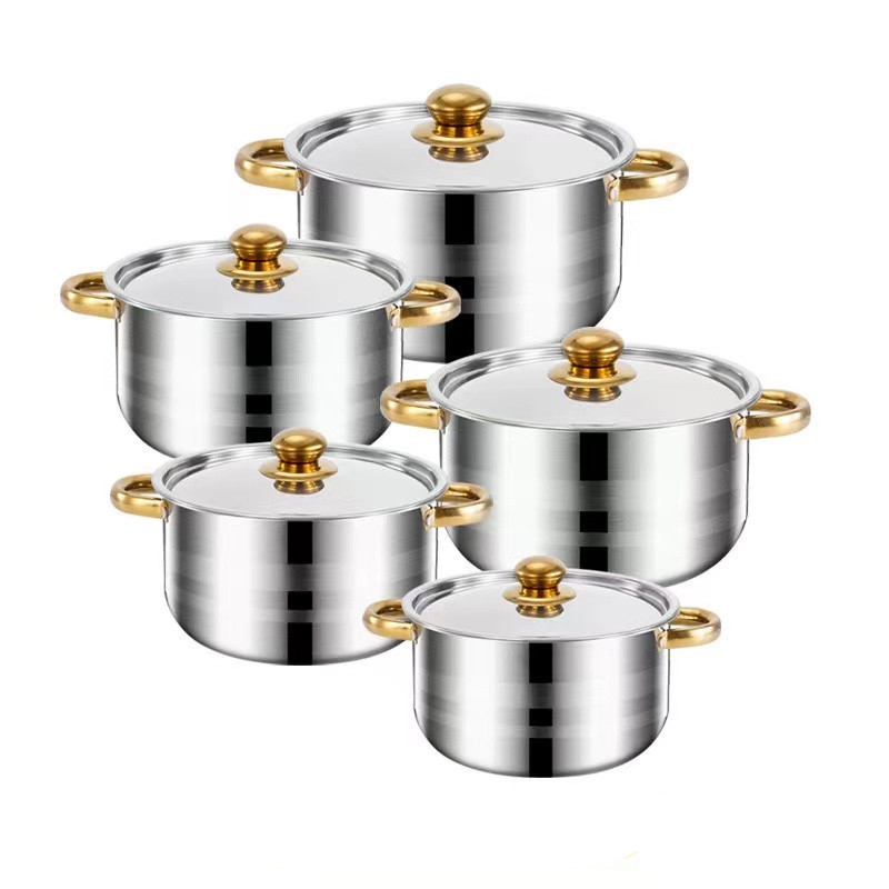 Set de 10 vase din oțel inoxidabil cu mânere aurii, 18–26 cm, oale de supă cu două mâneri