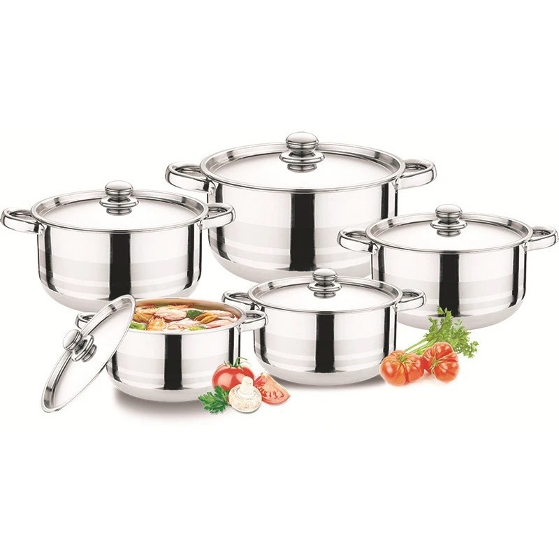 Set de 10 vase din oțel inoxidabil cu mânere aurii, 18–26 cm, oale de supă cu două mâneri