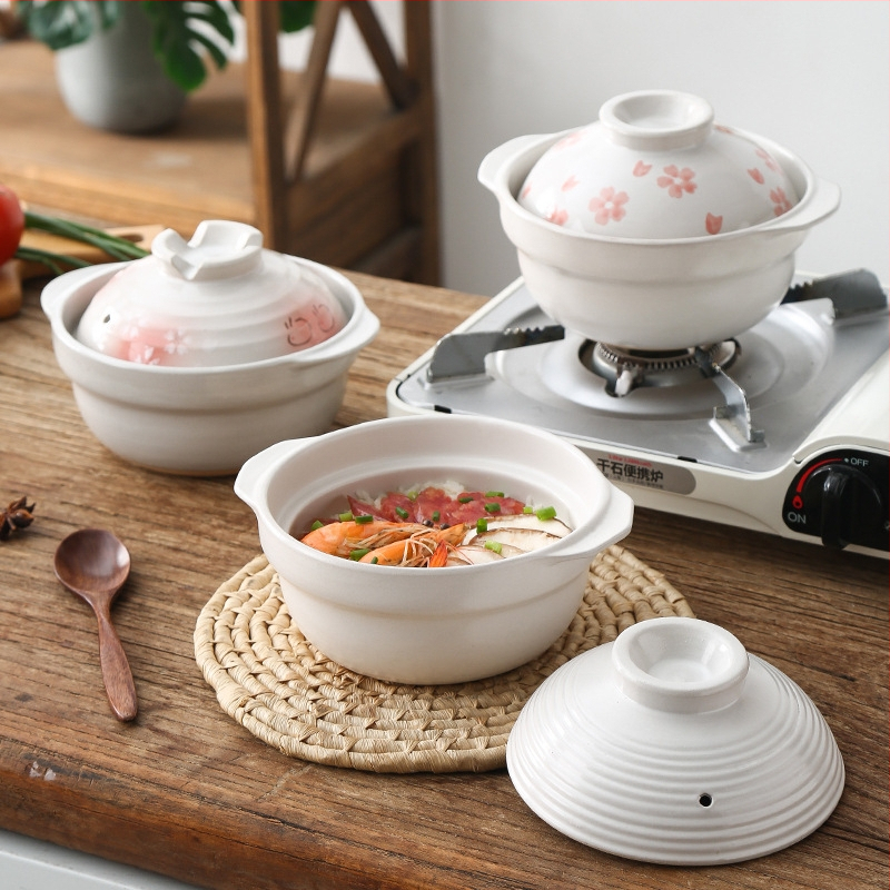 Caserolă japoneză din lut pentru o singură porție, uz casnic, rezistentă la temperaturi înalte, compatibilă cu plita ceramică electrică, capac, 1 L – orez, tocăniță, supă
