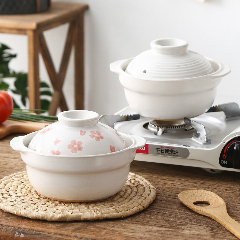 Caserolă japoneză din lut pentru o singură porție, uz casnic, rezistentă la temperaturi înalte, compatibilă cu plita ceramică electrică, capac, 1 L – orez, tocăniță, supă