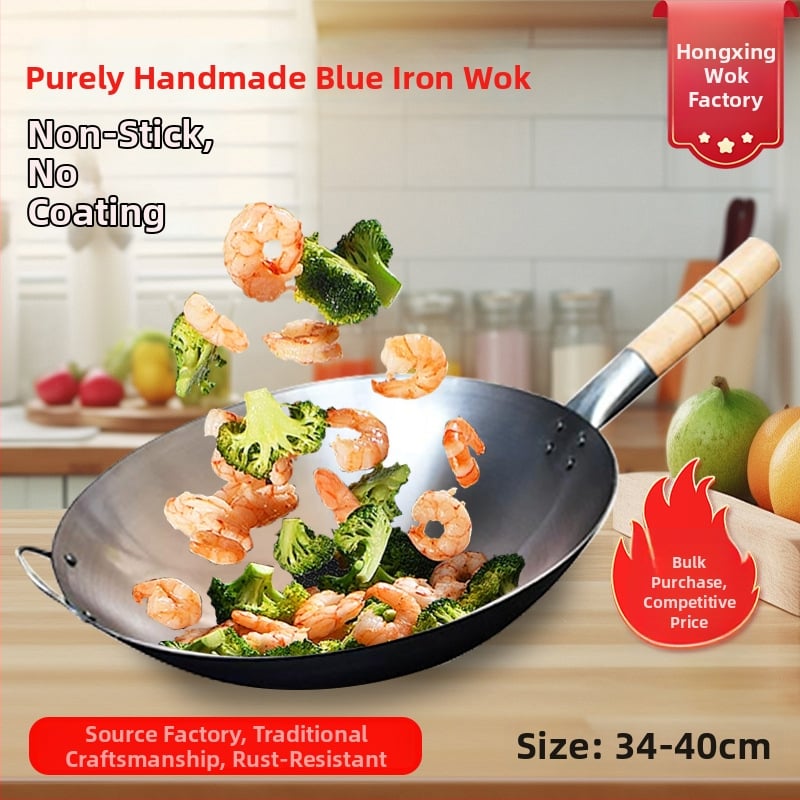 Wok din fontă cu fund plat, sezonat, pentru uz casnic și comercial