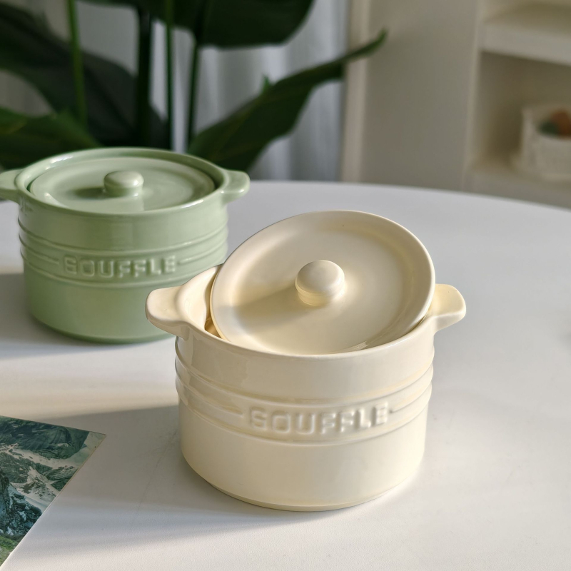 Vas ceramic crem cu mâneri duble, de calitate alimentară pentru uz casnic, vas de abur pentru ouă de bebeluți, vas pentru o porție de cuib de pasăre cu capac, oală de supă cu glazură sub nivel