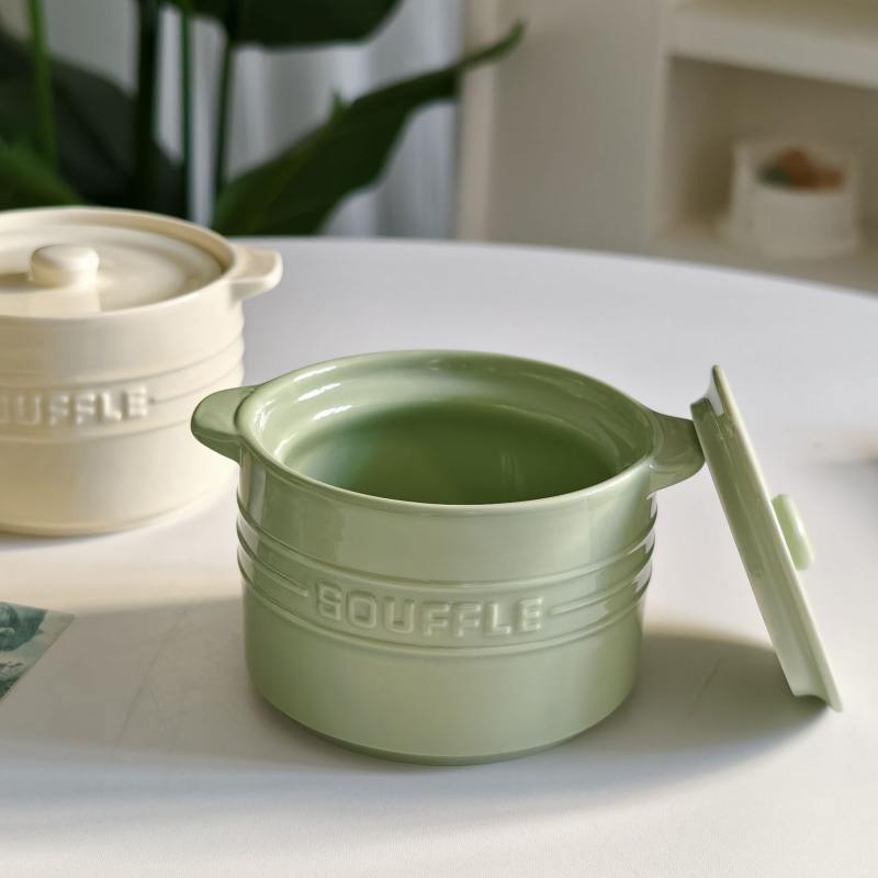 Vas ceramic crem cu mâneri duble, de calitate alimentară pentru uz casnic, vas de abur pentru ouă de bebeluți, vas pentru o porție de cuib de pasăre cu capac, oală de supă cu glazură sub nivel