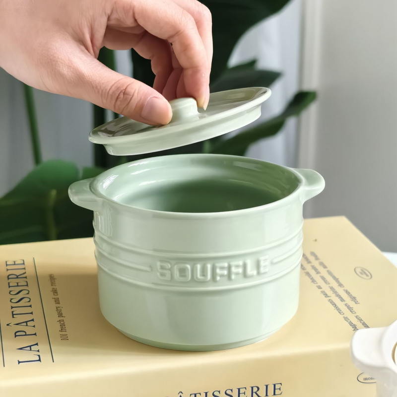 Vas ceramic crem cu mâneri duble, de calitate alimentară pentru uz casnic, vas de abur pentru ouă de bebeluți, vas pentru o porție de cuib de pasăre cu capac, oală de supă cu glazură sub nivel
