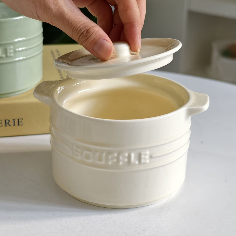 Vas ceramic crem cu mâneri duble, de calitate alimentară pentru uz casnic, vas de abur pentru ouă de bebeluți, vas pentru o porție de cuib de pasăre cu capac, oală de supă cu glazură sub nivel